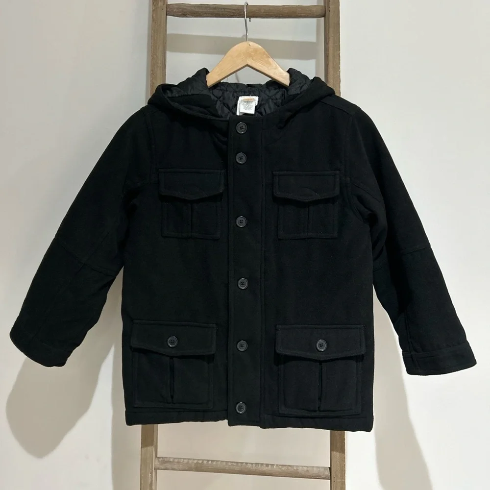 Gymboree Boys Black Car Hooded Coat Button Up Zip Up Pockets Winter Size M 7-8